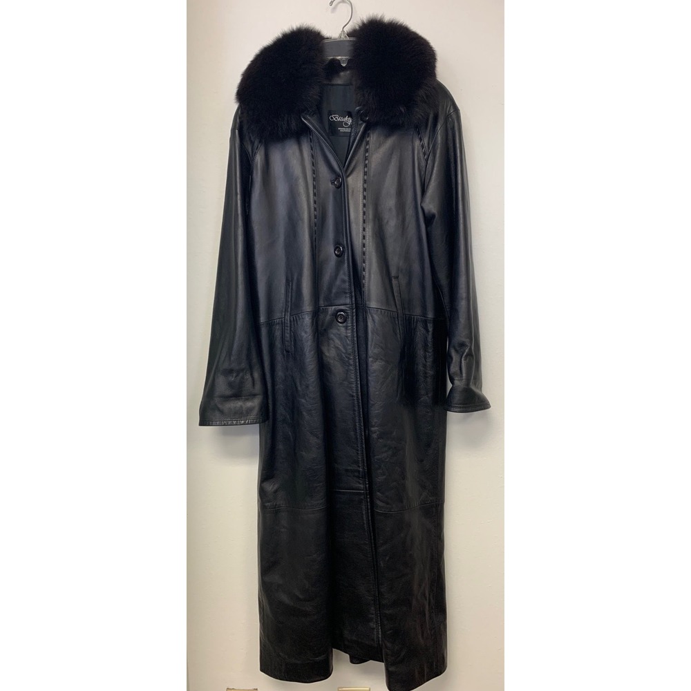 Bizakis Furs Black Lambskin Leather Long Trench Coat Mobwife Fur Collar Small